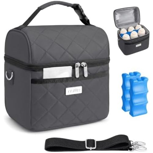 Nuliie Breastmilk Cooler Bag with 2 Ice Packs, Fits 6 Baby Bottles Up to 10 Ounce, Four Layer Insulated Baby Bottle Bag for Daycare, Breast Milk Cooler with Pocket, Strap & Buckle, Waterproof, Grey