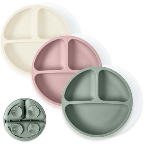 WeeSprout, Suction Plates with Lids, 3-Pk, Silicone Dinnerware