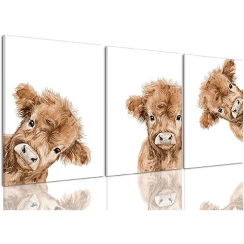 AOYUSMO 3 Piece Cute Highland Cow Canvas Wall Art Nursery Funny Animal Framed Wall Art Baby Cow Pictures Wall Decor Kids Animals Art Prints for Children's Room Bedroom 12"x16"