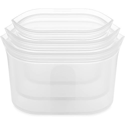 Zip Top Reusable Food Storage Bags | 3 Dish Set [Frost] | Silicone Meal Prep Container | Microwave, Dishwasher and Freezer Safe | Made in the USA