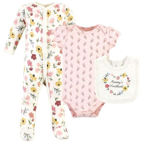 Hudson Baby Infant Girls Cotton Sleep and Play, Bodysuit and Bandana Bib Set, Soft Painted Floral, 0-3 Months