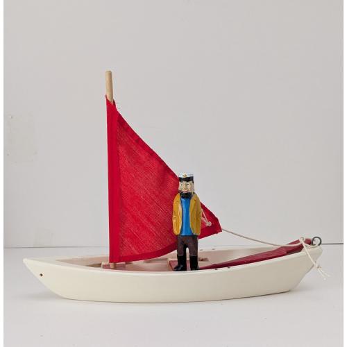 Vintage Wooden Pond Yacht, Retro Toy Sailing Boat White and Red, Handmade Maritime Wood Craft