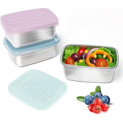 Tanjiae 3-Pack Stainless Steel Snack Containers for Kids & Toddlers - 550ml (18oz) Leakproof Reusable Food Containers with LFGB Certified Lids | Stackable Metal Lunch Box for Daycare, School, Travel