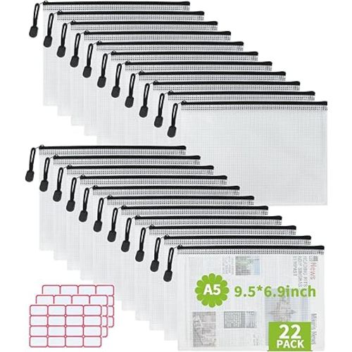 Vuzvuv A5-22 PCS 9.49"x 7.09"Mesh Zipper Pouch Set，Resistant Document File Folders Plastic Mesh Bag with Label Sticker for File, Document, Makeup, Board Game School Office Home Travel Storage