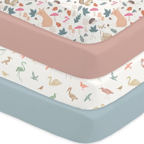 Bimocosy Crib Sheets for Boys Girls, Fitted Crib Sheet 4 Pack for Standard Crib and Toddler Mattresses, Super Soft Breathable Microfiber Baby Sheet 28x52x8in, Wetland Birds/Squirrel/Mauve/Fog Blue