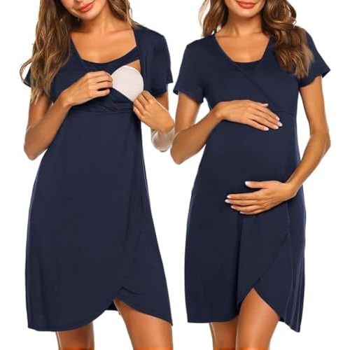 Ekouaer Nursing Nightgown 3 In 1 Maternity Nightgown Short Sleeve Nursing Gown Breasfeeding Sleepwear Delivery Dress