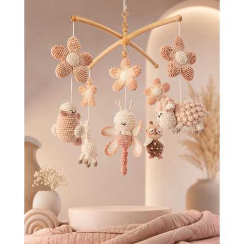 Crochet Baby Mobile, Floral Nursery Mobile, Handmade Crib Mobile, Pink Baby Girl Nursery Decor, Crochet Animal Mobile, Boho Baby Shower Gift