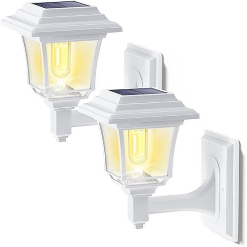 LeiDrail Solar Wall Lantern, 2 Modes Edison Bulb Solar Fence Lights, Outdoor Playhouse Accessories, Waterproof Warm/Cold White LED 15 LM Outdoor Decor Wall Lights for Garden Patio Yard White (2 Pack)