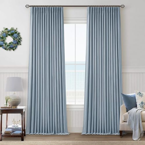Dusty Blue Blackout Linen Curtains 108 Inches Long for Bedroom Pinch Pleated Black Out Curtains Lined 2 Layers Memory Shape Noise Reducing Coastal Modern Living Room Darkening Window Drapes Blue Grey
