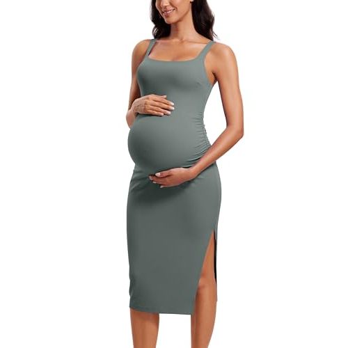 CRZ YOGA Butterluxe Square Neck Sleeveless Maternity Dress - Split Ruched Tanks Womens Pregnancy Bodycon Casual Baby Shower