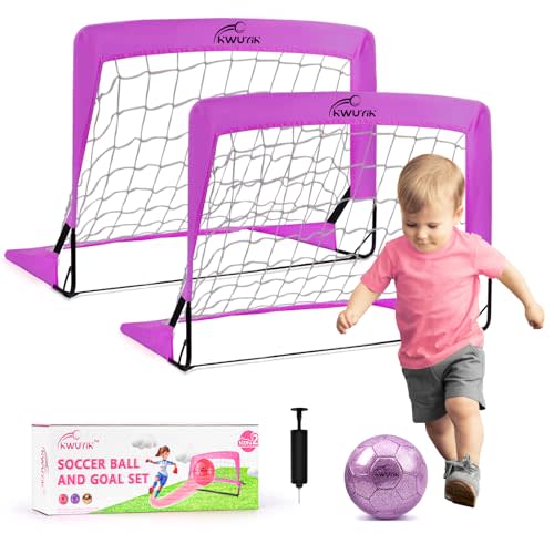 4Pcs Soccer Goals Set 2Pcs Soccer Nets 2x1.5ft 1Pcs Ball 1Pcs Pump Indoor Soccer Nets for Kids with Size 2 Toddler Soccer Ball Foldable Net with Pump Pink Purple for Children Boys Girls