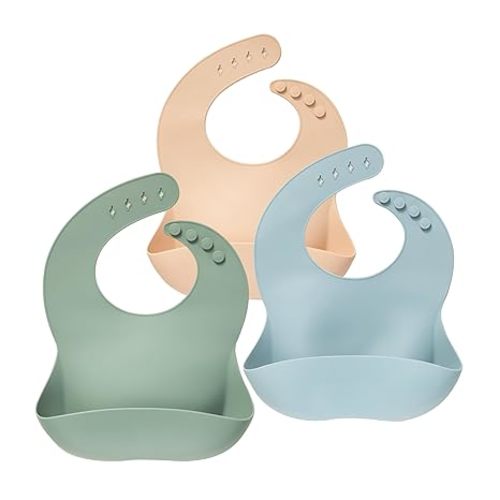 Moonkie Silicone Bibs Set Of 3, BPA Free Soft Adjustable Fit Waterproof Feeding Bibs for Babies and Toddlers(Ether/Sage/Cream)