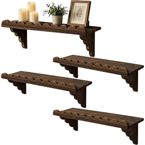 Scalloped Wood Wall Shelf–17 Inch Floating Shelf (4, Brown)