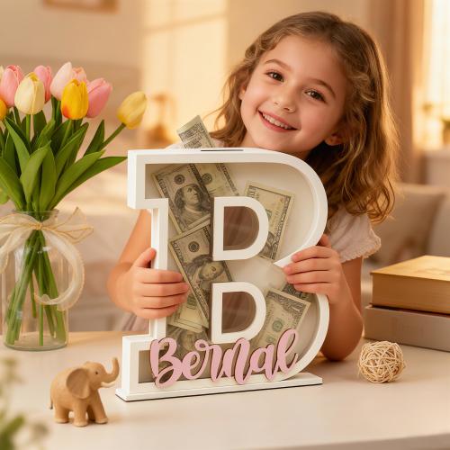 Personalized Letter Piggy Bank: Wooden Initial Coin Bank, Kids Keepsake, Easter gifts for children