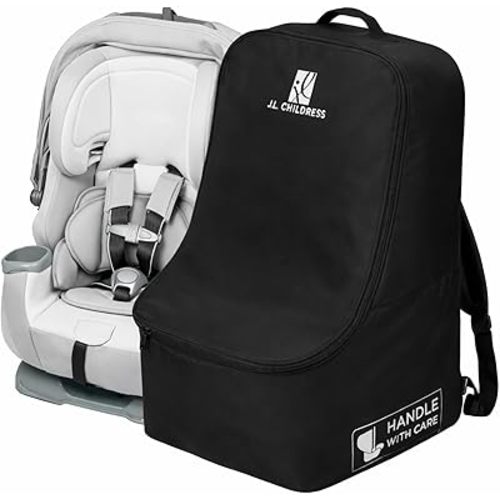 J.L. Childress Padded Backpack Car Seat Bag - Travel Bag for Airplane, Fits Most Baby & Infant Car Seats, Boosters, & Carriers, Accessories for Gate or Baggage Check, AirTag Compatible - Deluxe, Black