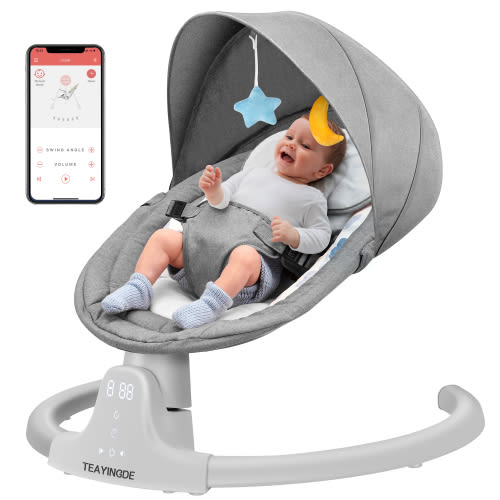 Baby Swing for Infants, Compact & Portable, 5 Speed, 10 Lullabies, Remote Bluetooth APP Control, USB Plug-in Power, Indoor/Outdoor, 5-20 lb, 0-9 Months (Gray)
