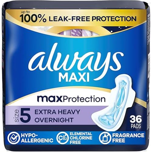 Always Maxi Overnight Pads with Wings for Women, Size 5, Extra Heavy Overnight Absorbency, Unscented, 36 Count