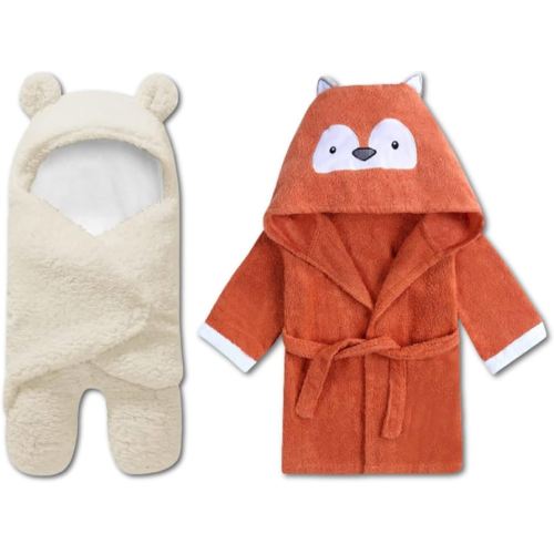 BlueMello Baby Swaddle Blanket & Fox Bathrobe Bundle | Ultra-Soft Plush Essential for Infants 0-6 Months | Ideal Newborn Registry and Toddler Boy Accessories| Perfect Baby Girl Shower Gift