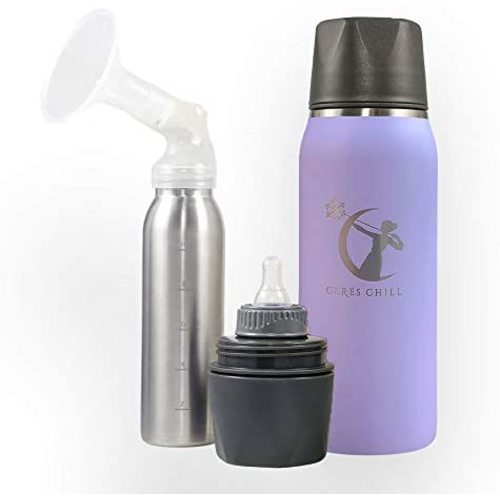 Breastmilk Chiller Reusable Storage Container by CERES CHILL | Cooler - Keeps Milk at Safe temperatures for 20+ Hours | Bottle Connects w/Most Major Pumps (1 Chiller, Ultra Violet)