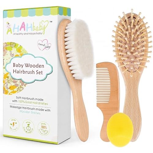 4 Piece Baby Hair Brush and Comb Set for Newborns, Wooden Baby Brush with Soft Natural Goat Bristle, Infant Hair Care Kit Helps Prevent Cradle Cap, Grooming Essentials Gift for Boys and Girls