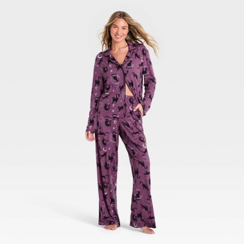 Women's Halloween Jersey Long Sleeve Notch Collar Top and Pants Pajama Set - Hyde and EEK! Boutique™ Purple L
