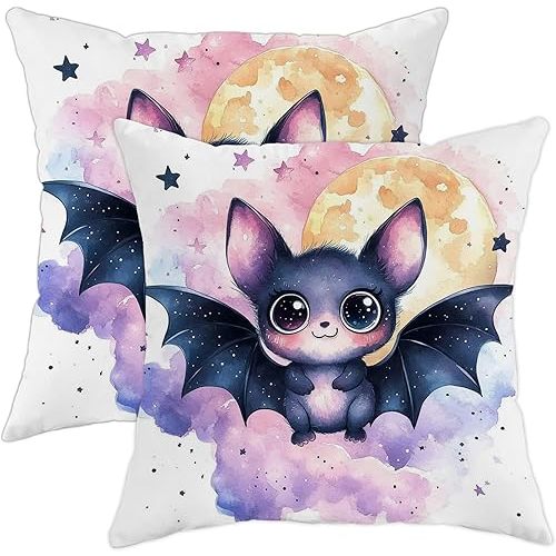 Halloween Cute Bat Throw Pillow Covers 18x18 Set of 2, Soft Comfy Fun Moon Cartoon Bat Pillow Cases Kit, Anime Kids Velvet Decorative for Couch Sofa Living Room Bed