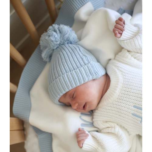 Blue knit pompom newborn hat – Penny and Co Collections