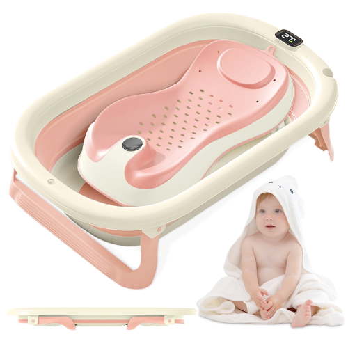 RUPOUN Foldable Baby Bathtub with Real-Time Temperature Sensor, Soft Cushion, Portable, Pink