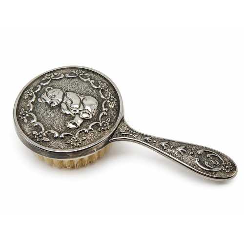 Vintage Silver Tone Baby Brush | Raised Teddy Bear Nursery Keepsake Vanity