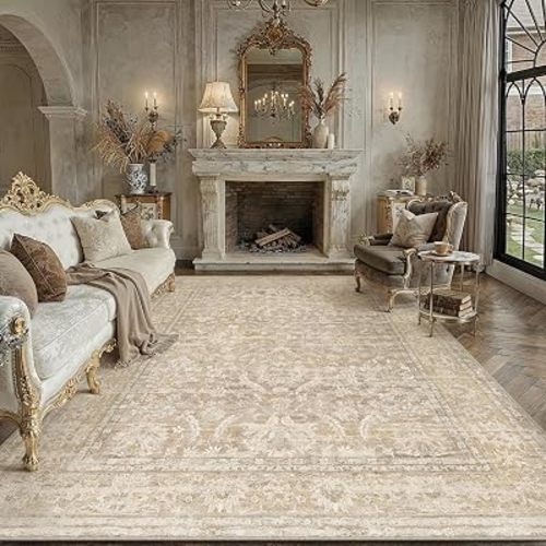 8x10 Washable Area Rug Living Room Beige Non Slip Vintage Carpet