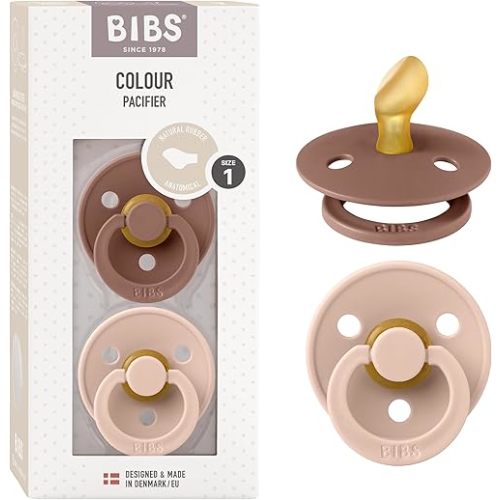 BIBS Pacifiers - Set of 2 | Colour Pacifier with Anatomical Nipple | BPA-Free Natural Rubber | Made in Denmark | Blush/Woodchuck | Size 0-6 Months