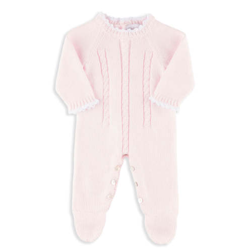 Teddi Cableknit Footed Romper in Rose Pink and White Trim 1M