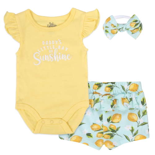 Baby Essentials 9 Months Infant Girls Bodysuit, Shorts and Matching Headband Cotton Polyester Spring Summer Outfit in Daddy's Little Ray of Sunshine