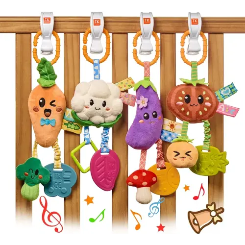 TUMAMA Hanging Vegetable Plush Toy Set, 4 Different Vegetable Crib Stroller Toys, Early Baby Cognitive Sensory Rattle Hanging Toy with Teether. Suitable for Babies 0, 3, 6, 9, 12 Months
