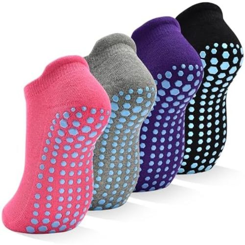SkiBeaut Grips Non Slip Socks for Women, 4 Pairs Yoga Pilates Anti Skid Woman Hospital Gripper Socks (5-12)