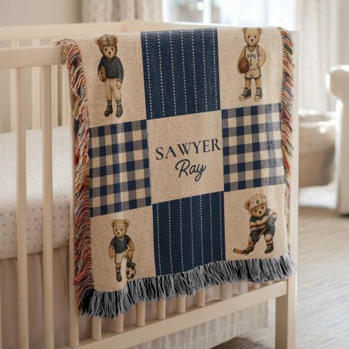 Personalized Sports Teddy Woven Blanket, Baby Name Blanket, Teddy Bear Nursery Decor, Newborn Boy Gift, Personal Baby Gift