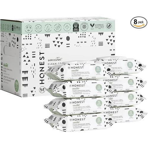 The Honest Company Clean Conscious Unscented Wipes | Over 99% Water, Compostable, Plant-Based, Baby Wipes | Hypoallergenic for Sensitive Skin, EWG Verified | Pattern Play, 576 Count - 72 Count (Pack of 8)