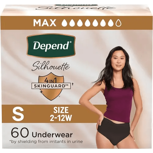 Depend Silhouette Adult Diapers, Incontinence & Postpartum Bladder Leak Underwear for Women, Maximum Absorbency, Small, Black, 60 Count (2 Packs of 30), Packaging May Vary