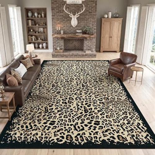 Leopard Rug, 5x7 Faux Cheetah Print Rugs Low Pile Black Border