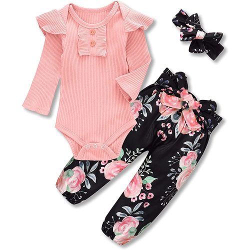 Newborn Baby Girls Clothes Ribbed Ruffled Romper+Floral Pants+Headband Infant Outfit Set