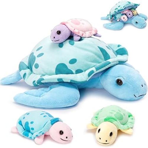 Muiteiur Sea Turtle Stuffed Animal, Soft Mommy Turtle Plush Toy with 3 Babies, Blue Stuffed Marine Life for Kids Girl Boy(Blue)