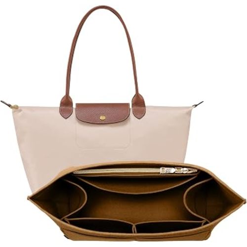 OPPOSHE Purse Organizer Insert for Longchamp Le Pliage, Premium Felt Long Champ Bag Handbag Women, Tote Organizer Insert with 9 Compartments (Large, Brown)