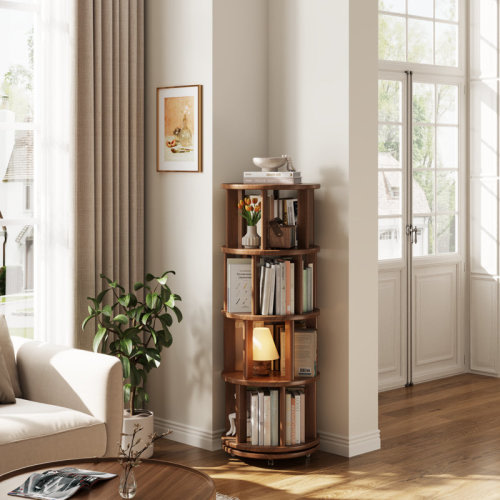Ebern Designs 360° Rotating Solid Wood Bookshelf, Equipped with Brake Wheels, Allowing for Flexible Adjustment & Reviews | Wayfair