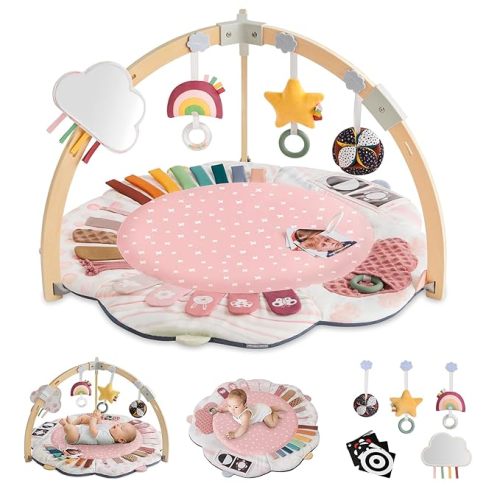 Blissful Diary Baby Play Gym & Activity Mat, 5 Developmental Zones Wooden Tummy Time Mat with 5 Detachable Sensory Toys for Motor Skills & Sensory Development, Baby Essentials Shower Gift, Pink Flower