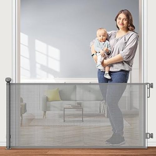 Retractable Baby Gate, Mesh Dog Gate or Mesh Baby Gate 55" Wide 33" Tall Safety Child or Pet Gate for Indoor Outdoor Stairs, Doorways, Hallways, Deck