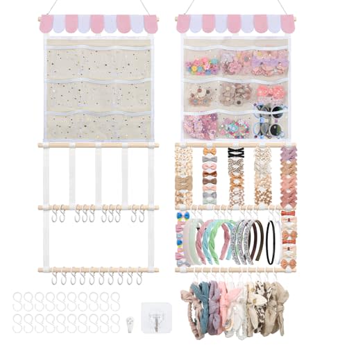 Munzong Headband Holder Hair Accessories Organizer, 3-Tier Pinkish White Bows Organizer for Girls, Nursery Wall Hanging Clip Storage with 20 Hooks, Rack Shelf for Toddler Kids Room Decor 15x33 Inch