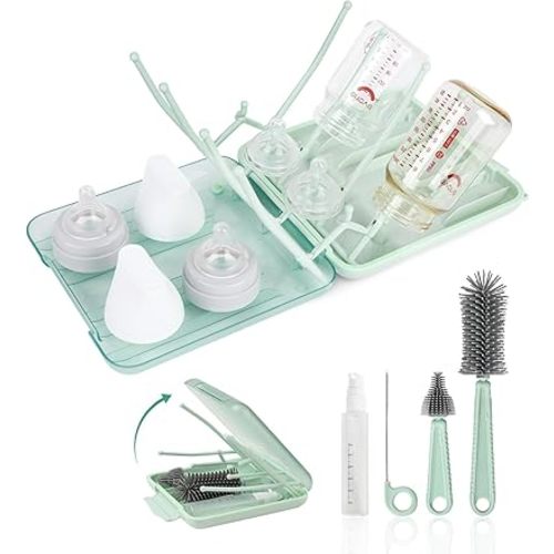 Baby Bottle Brush Set, 6-in-1 Travel Bottle Cleaner Kit with Silicone Bottle Brush, Nipple & Straw Brush, Soap Dispenser, Drying Rack, Storage Box – Compact Baby Travel Essential for Home & On-The-Go