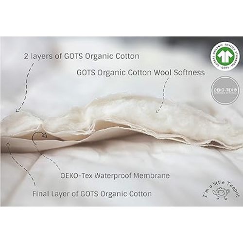 Organic Cotton Crib Mattress Pad - Standard Size Organic Mattress Protector - Waterproof Baby Mattress Cover - Soft, Durable and Hypoallergenic - Fits 28 x 52 x 9 inches