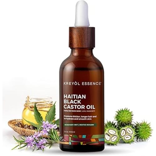 Kreyol Essence - Haitian Black Castor Oil for Skin and Hair, Glass Bottle - Cold Pressed Castor Oil, Fuller-Looking Hair, Hexane Free, Natural Humectant | 3.4 Fl Oz | Rosemary Peppermint