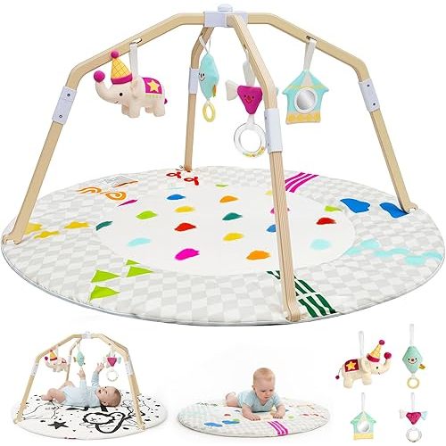 Circus-Themed Baby Play Gym, 2-Sided High-Contrast Tummy Time Mat with 4 Detachable Sensory Toys, Foldable Wooden Frame Playmat for Stage-Based Development, Baby Essentials Shower Gift